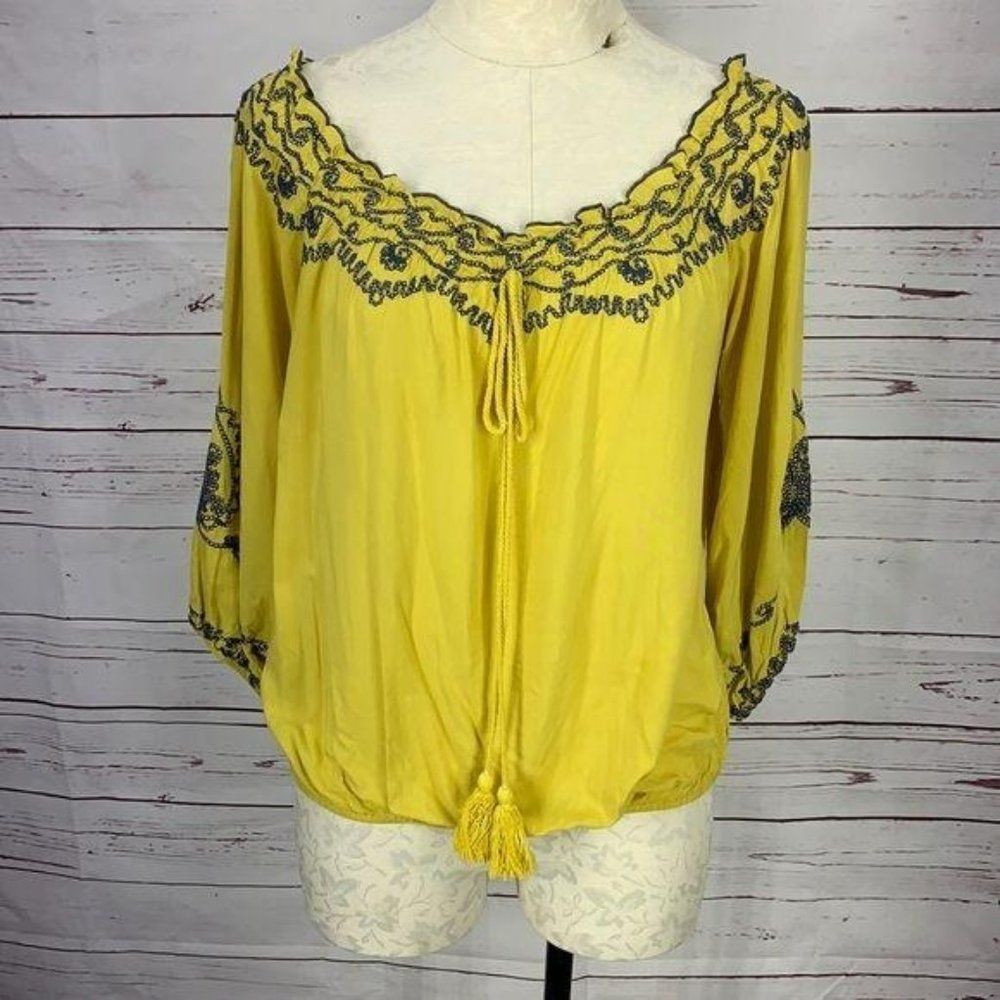 A’reve Mustard and Blue Embroidered Blouse Medium